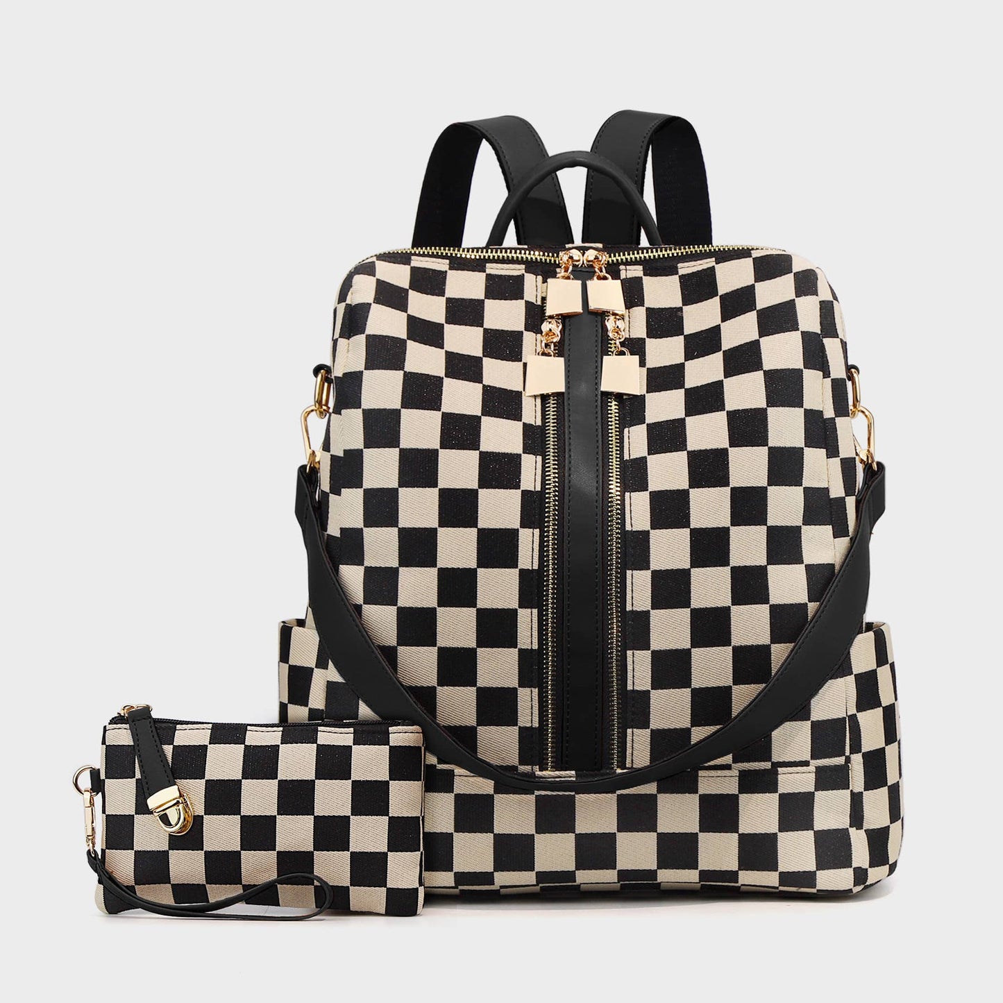 PU Checkered Backpack with Wristlet Pouch