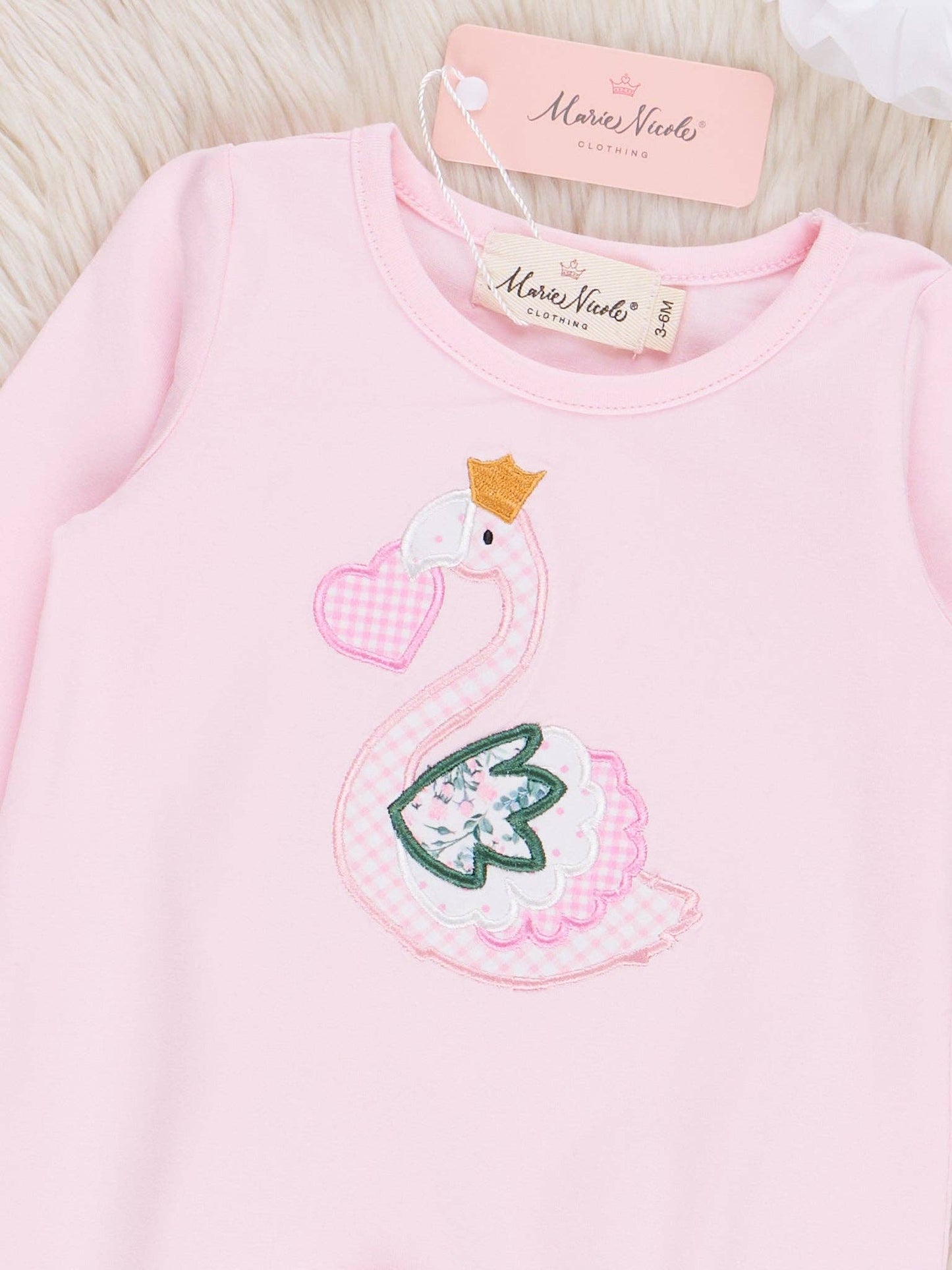 Pink Embroidered Heart Swan Ruffle Romper