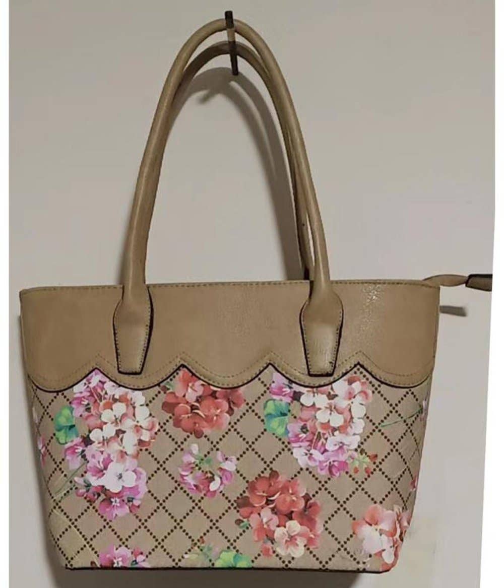 7356 Floral Print Two Color Faux Leather Bag