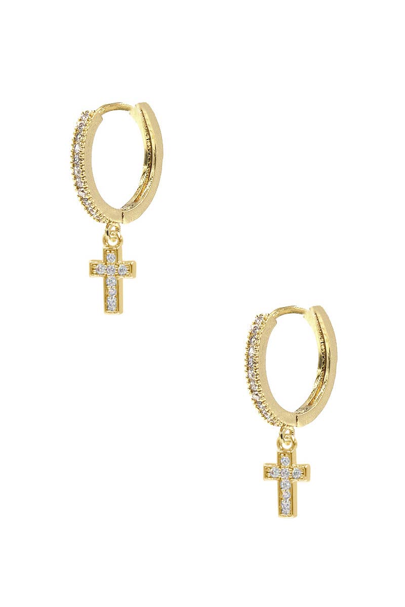 CUBIC ZIRCONIA HUGGIE HOOP WITH CROSS EARRING, 27396