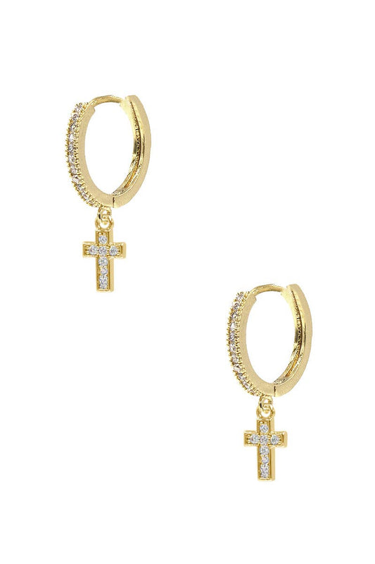 CUBIC ZIRCONIA HUGGIE HOOP WITH CROSS EARRING, 27396