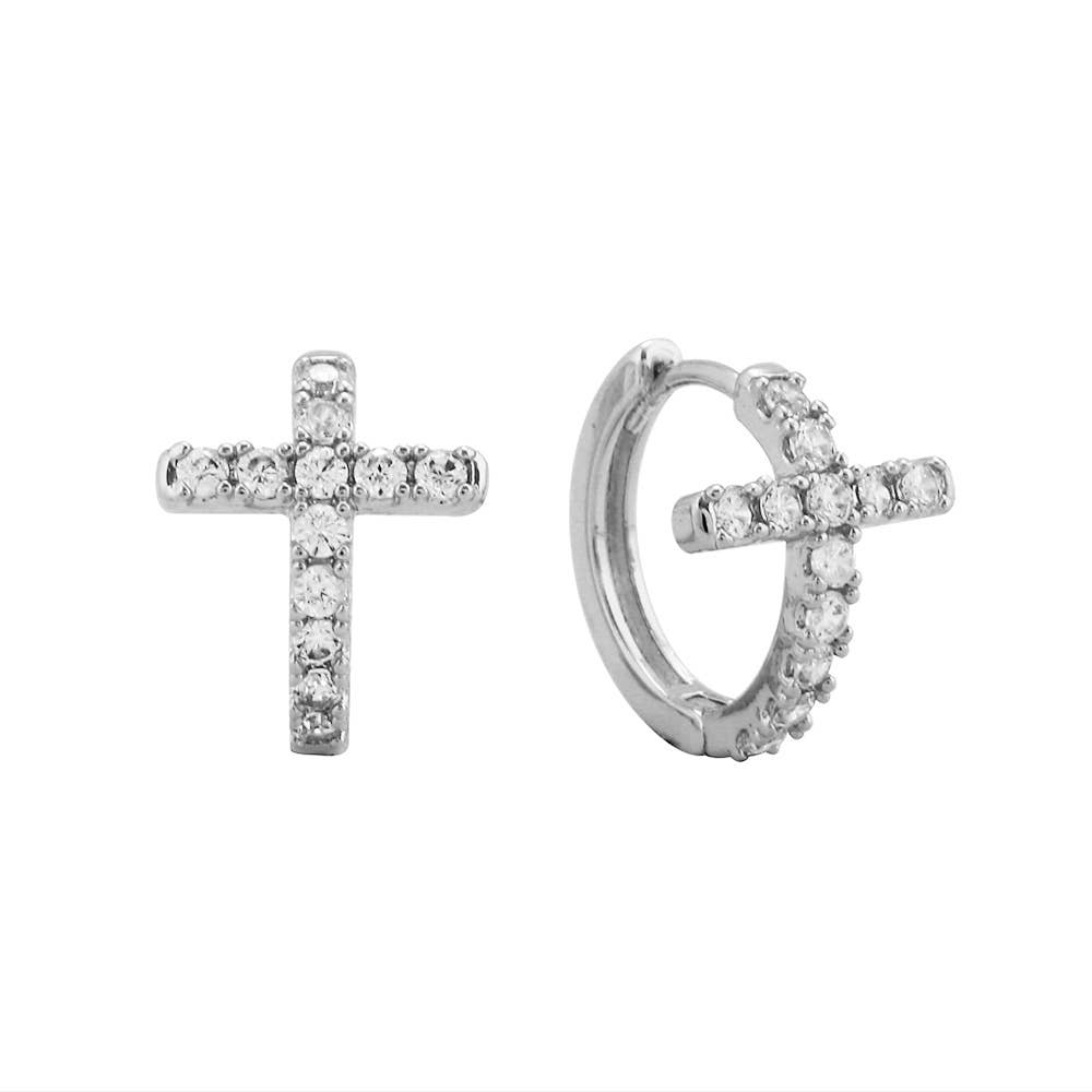 14K Gold Dipped CZ Stone Paved Cross Huggie Hoop Earrings