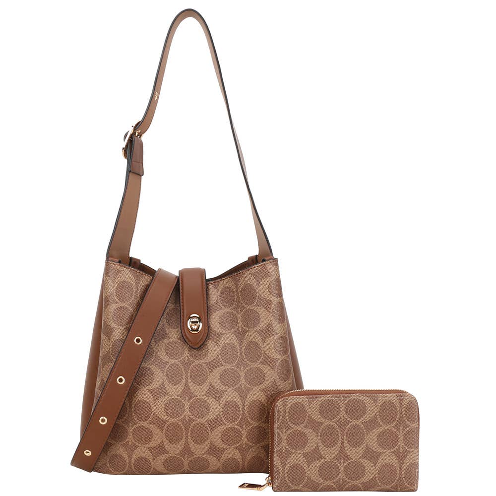 2IN1 OVAL PRINT SHOULDER HOBO BAG W WALLET SET, QFT 1327A