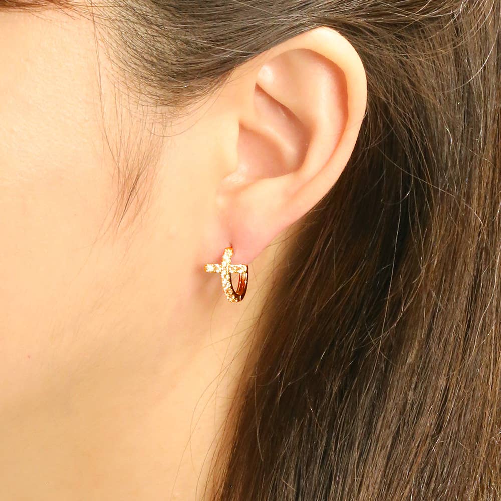 14K Gold Dipped CZ Stone Paved Cross Huggie Hoop Earrings