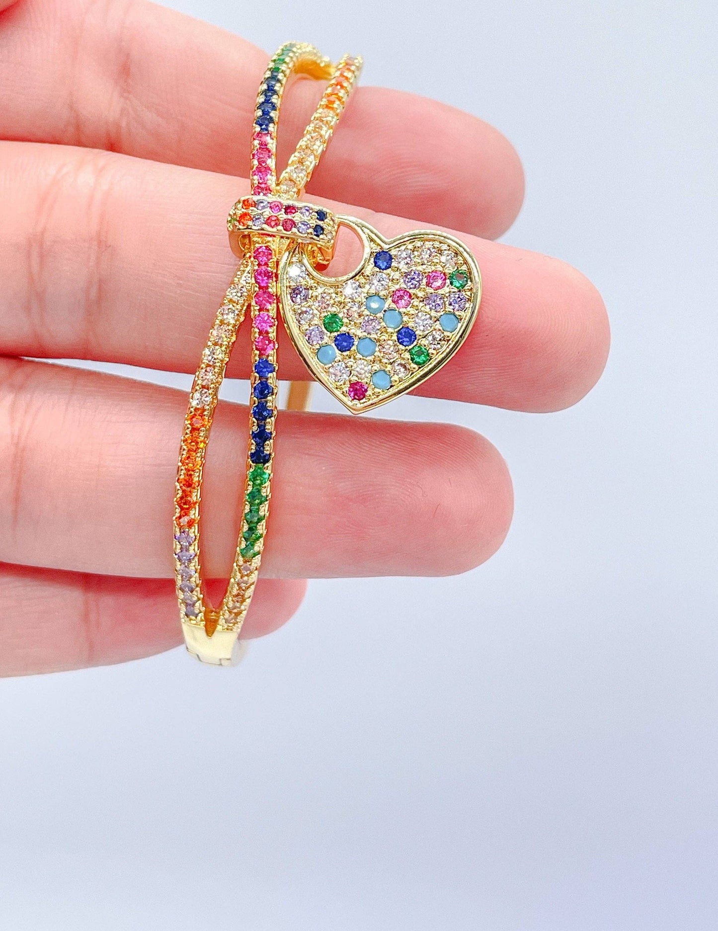 18k Gold Filled Colorful CZ Cuff Bracelet with Multi Color Dangling Heart