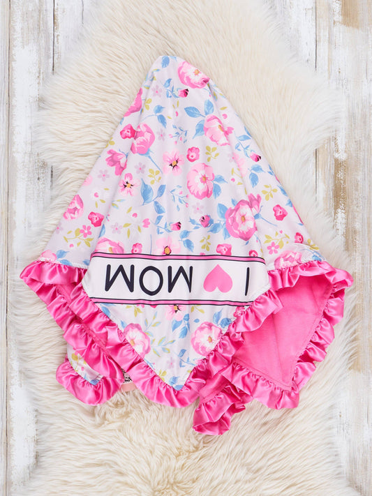 Sweet Pink Floral Mom Love Ruffle Minky Blanket