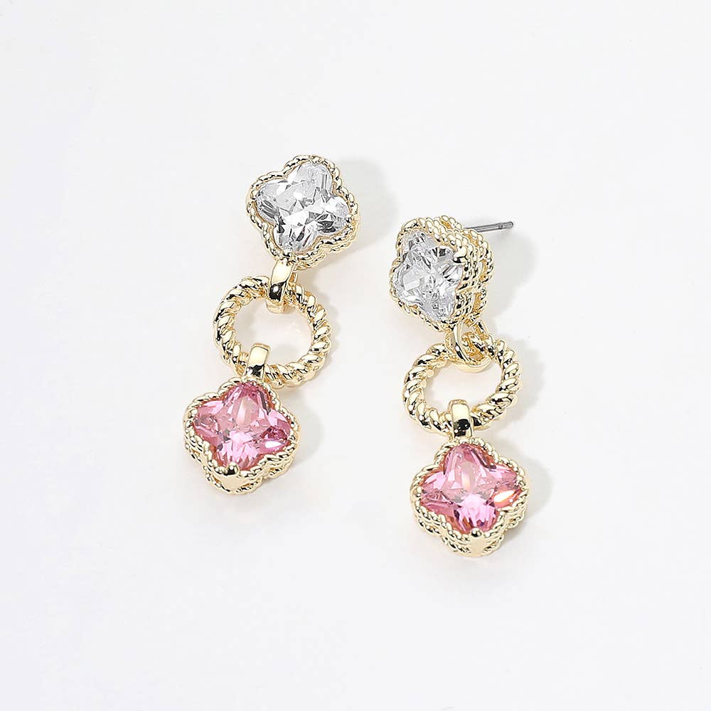14K Gold Plated CZ Quatrefoil Charm Link Drop Earrings