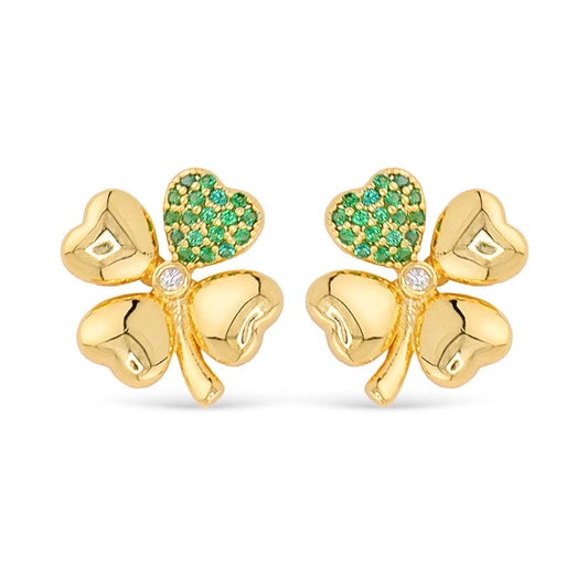 Gold CZ 4 Leaf Clover Earrings