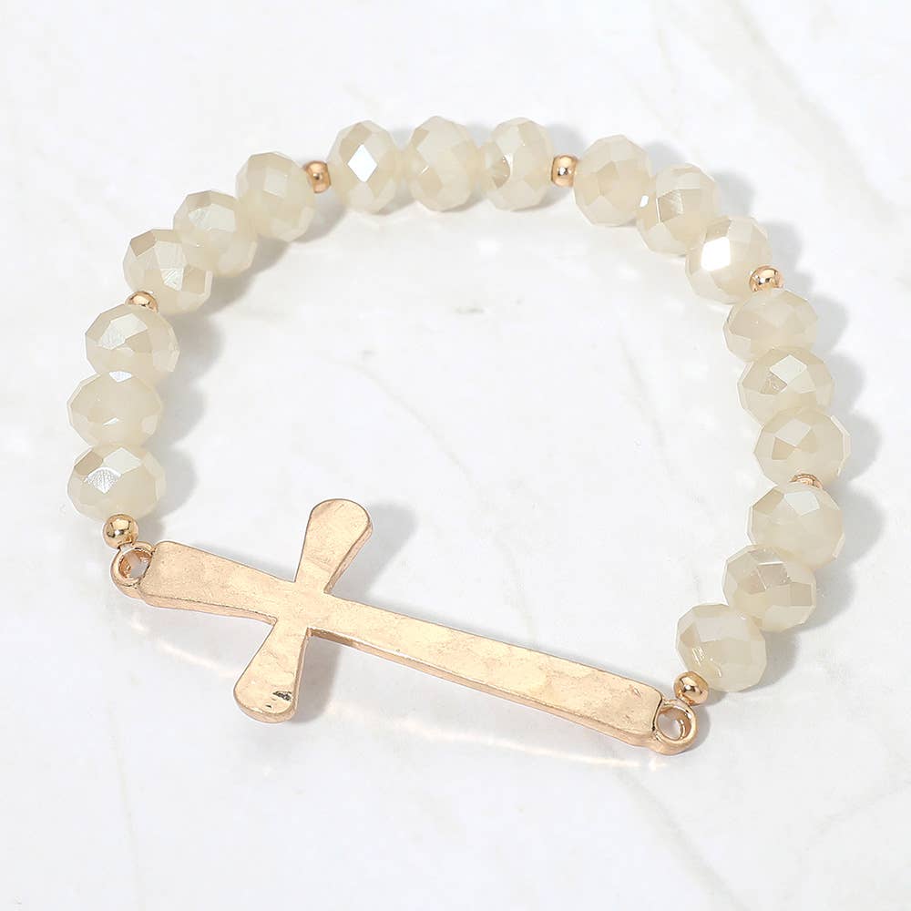 Brushed Hammered Metal Cross Accent Faceted Beaded Stretch Bracelet