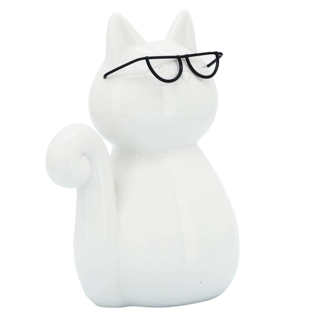 Ceramic Modern Kitty with Glasses Figurine - White, 8 in.