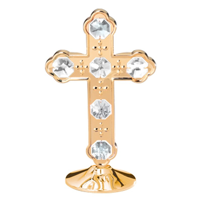 24K GOLD PLATED LARGE CROSS ON STAND W/CLEAR SWAROVSKI ELEMENT CRYSTAL