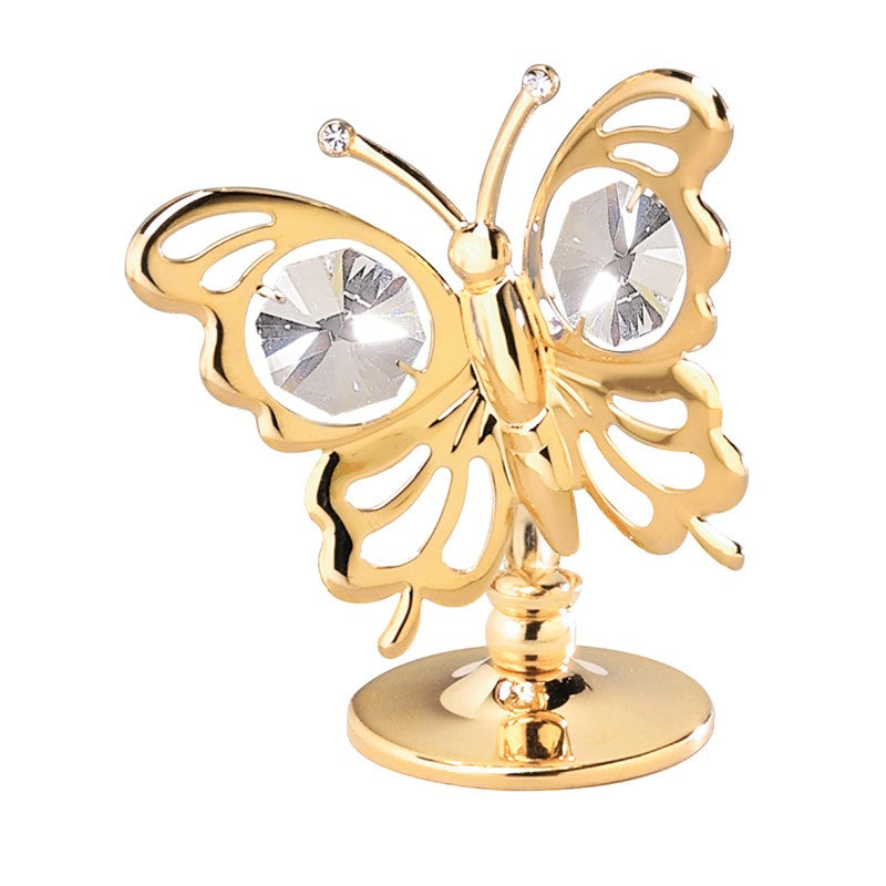 24K GOLD PLATED MINI BUTTERFLY ON STAND W/CLEAR SWAROVSKI ELEMENT CRYSTAL