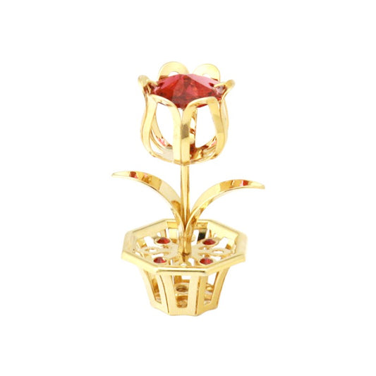 24K GOLD PLATED MINI FLOWER IN POT TABLETOP FREE STANDING/RED SWAROVSKI CRYSTAL