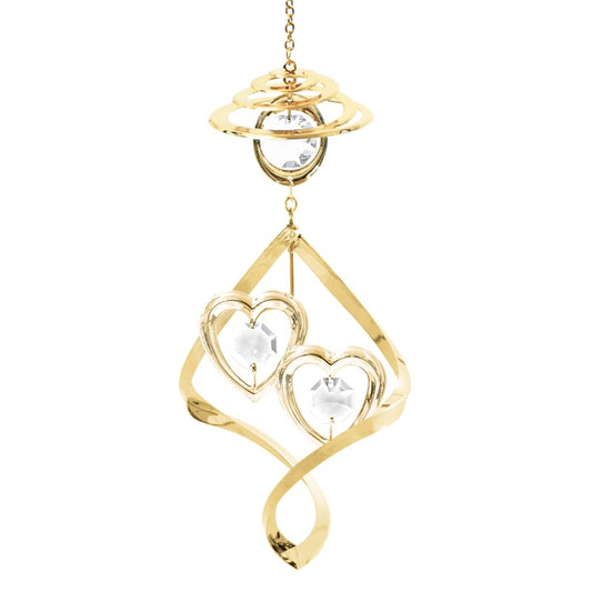 24K GOLD PLATED TWIN HEARTS TOP SPIRAL W/CLEAR SWAROVSKI ELEMENT CRYSTAL