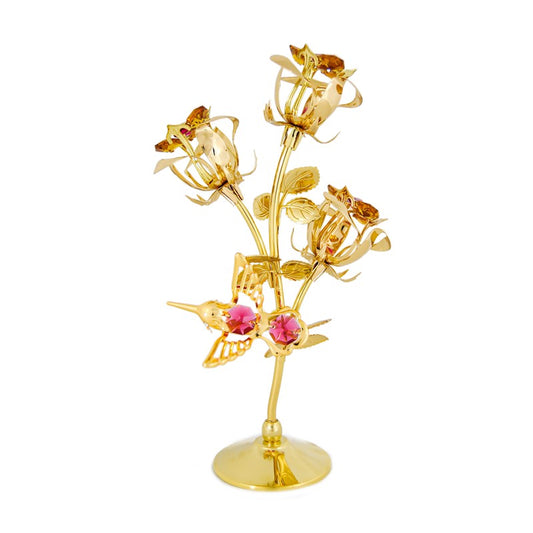 24K-GOLD PLATED 3 RED ROSES W/ HUMMINGBIRD MAGNET W/ SWAROVSKI ELEMENT CRYSTAL