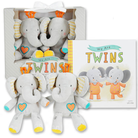 We are Twins Gift Set w/ Book and 2 Plush Elephant Rattles