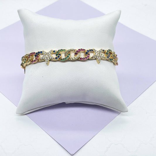 18k Gold Filled Colorful Zirconia Cuban Link Bracelet With Star Pattern