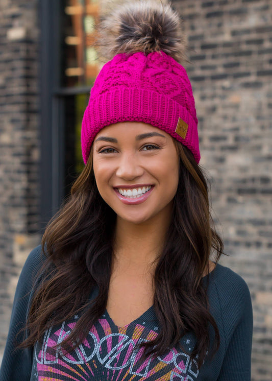 Pink Cable Knit Pom Hat