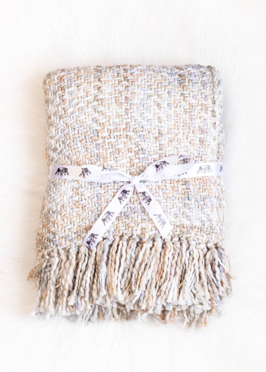 Cream, Grey & Tan Loom Woven Blanket