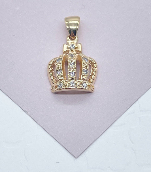 18k Gold Filled Dainty King's Crown Charm In Micro Pave