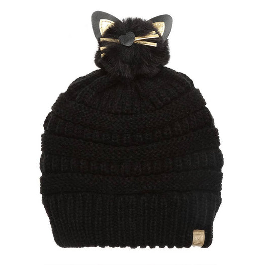 Kids Winter Beanie Hat with Kitty Pom Pom