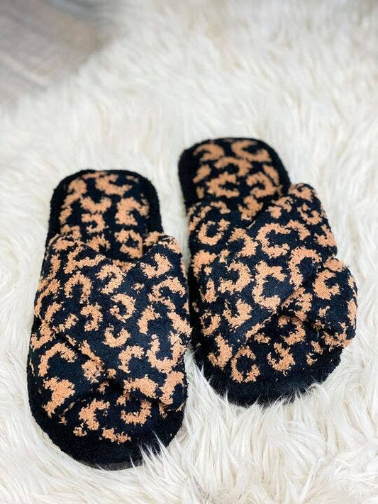 Leopard Criss Cross Fuzzy Slippers