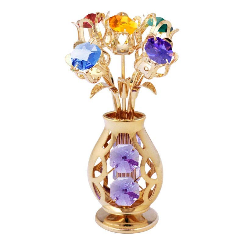 Mascot International, Inc. - 24K GOLD PLATED 5 FLOWERS IN VASE TABLETOP FREE STANDING/MIXED SWAROVSKI CRYSTAL