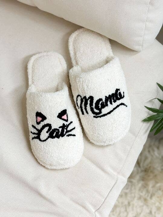 'Cat Mama' Embroidered Fuzzy Slippers