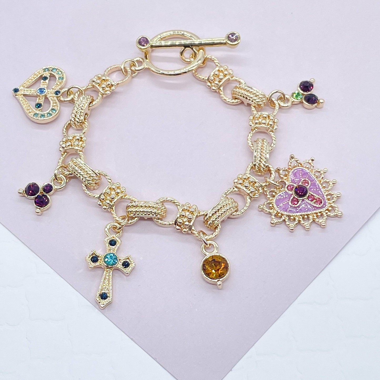 18k Gold Filled Protection Bracelet Featuring Enamel Charms,