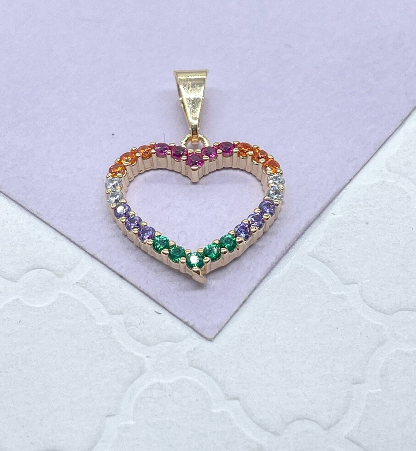 18k Gold Filled Colorful Pendant, Rainbow Cz Heart Pendant
