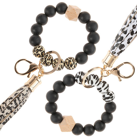 Leopard Silicone Ball Beaded with tassel Keychain