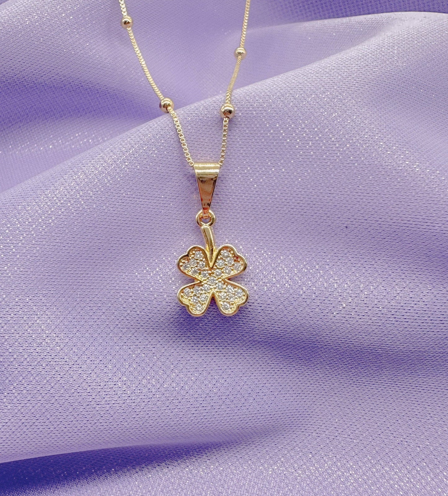 18k Gold Filled Four Leaf Clover Pave Pendant with Satelite Chain